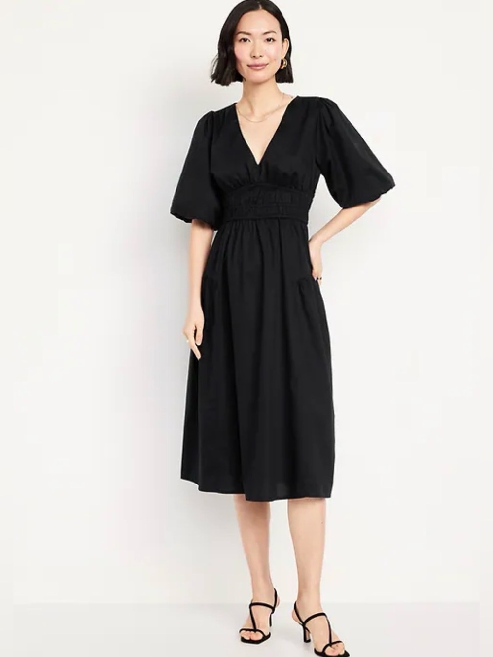 Old Navy Black V-Neck Puff Sleeve Midi Dress size Xsmall Tall